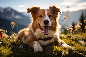 collie laying in a mountain meadow - dog chilling in the sun - dog portrait in the mountains with backlight - generative ai