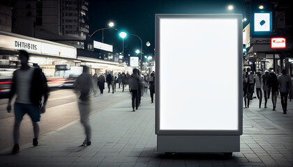 Naklejka premium Media banner, blank digital billboard for your advertising. Blurred street and people. Abstract illustration.