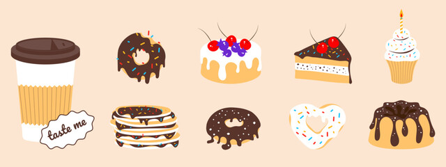 Set of sweets in flat style. Donut, pancake, piece of cake, cake, glass of coffee and other sweets. Vector illustration, minimalism.