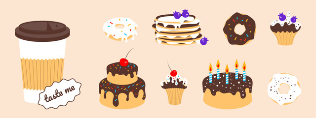 Set of sweets in flat style. Donut, pancake, piece of cake, cake, glass of coffee and other sweets. Vector illustration, minimalism.