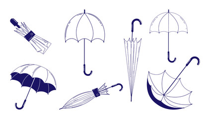 Umbrellas in a linear style. A set of umbrellas from different angles and positions. Vector linear illustration.
