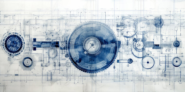 Schematic drawings of parts mechanical engineering Background, industrial texture, rounded, analog, blueprints wallpaper. 
