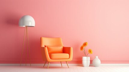 Stylish minimalist monochrome interior of modern cozy living room in pastel orange and pink tones. Trendy armchair, decorative vases, floor lamp. Creative home design. Mockup, 3D rendering.