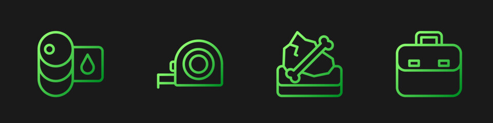 Set line Archeology, Barrel oil, Roulette construction and Briefcase. Gradient color icons. Vector