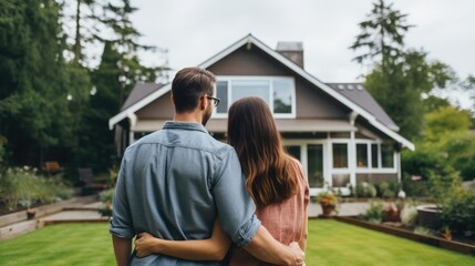 Happy young couple standing with their backs in front of their new home, husband and wife buying a new home, Generative AI 