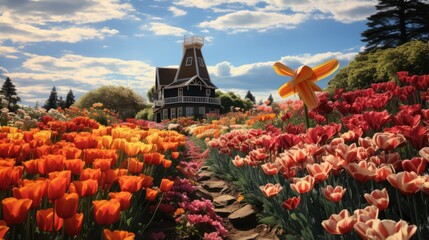 windmill and flower garden colorful orange background