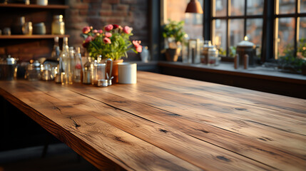 Empty wooden table and blurred kitchen background - generative ai