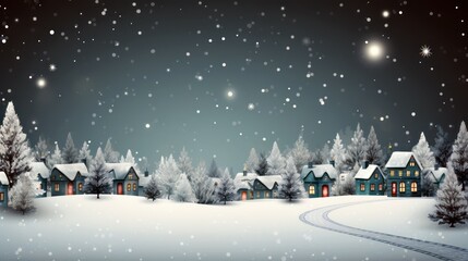 Fototapeta na wymiar Christmas card, village houses in winter snow landscape, snowflakes falling from sky