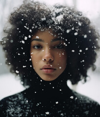Portrait of young beautiful black woman in snowfall, cold winter season