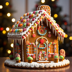 A delightful gingerbread house with candy decorations, icing, and gumdrops, symbolizing holiday baking and sweet treats, Christmas, Symbols