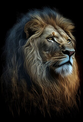 Lion in animation style on black background. AI Generated