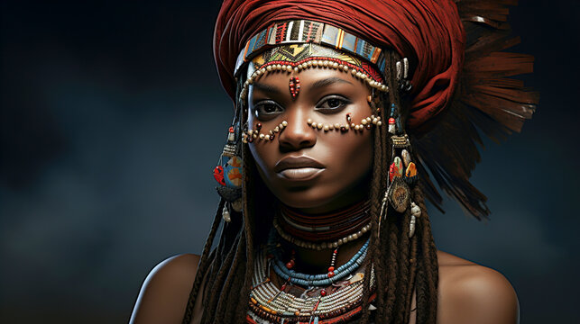 African young beautiful young woman with painted face close up on dark background