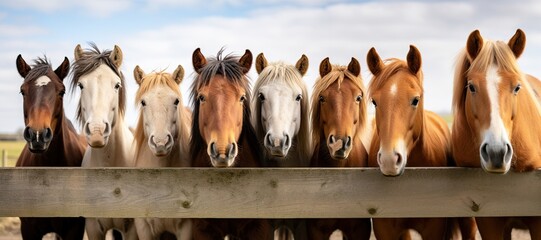 lineup of horses - horses putting their heads together - equestrian group - horses on a field behind a fence - generative ai - obrazy, fototapety, plakaty