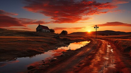 windmill and vintage house red sunset background