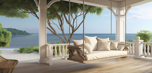 Spacious veranda interior with hanging sofa with plants and view of calm blue sea