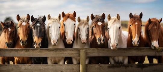 lineup of horses - horses putting their heads together - equestrian group - horses on a field behind a fence - generative ai - obrazy, fototapety, plakaty