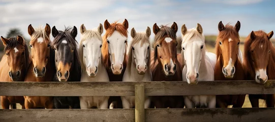 Tuinposter lineup of horses - horses putting their heads together - equestrian group - horses on a field behind a fence - generative ai © Cristiano Venti