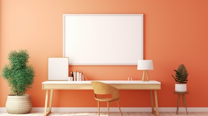 Stylish minimalist monochrome interior of modern office room in pastel orange and beige tones. Wooden desktop with computer and office tools, chair, houseplants, poster template. Mockup, 3D rendering