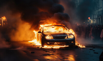 Fototapeta na wymiar Burning car emitting thick smoke on a street.