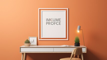 Stylish minimalist monochrome interior of modern office room in pastel orange and beige tones. Wooden desktop with table lamp, chair, houseplants, poster template. Mockup, 3D rendering.