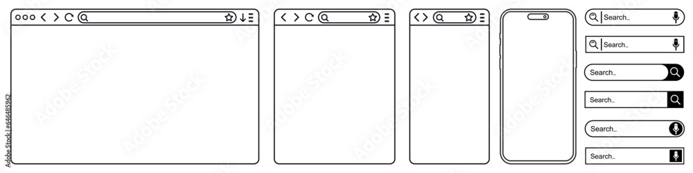 Fototapete set browser window in line style, smartphone, blank web page, search bar in internet, line template 