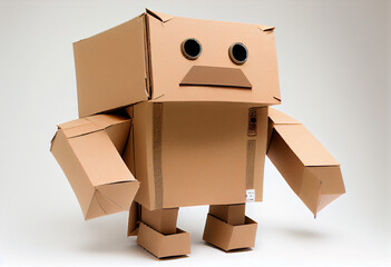 Funny cartoon robot made from cardboard boxes. Toy illustration.