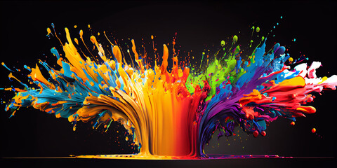 Explosion of colored paints on a black background. Colorful rainbow; color splash palette. AI generated.