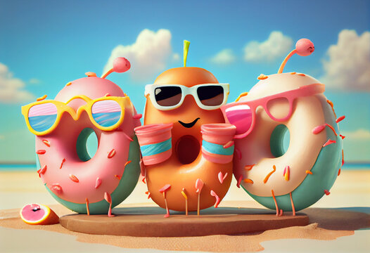 Family of cartoon laughing donuts with smiling faces on vacation on the beach at sea. AI generated.