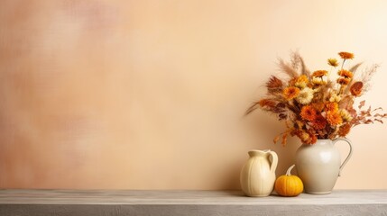 Composition of dried flowers in a clay vase against the background of wall