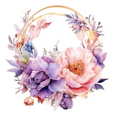 Watercolor bouquet round floral wedding frame on transparent background. Generative AI