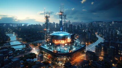 Fototapeta premium wireless and connection technology with skyscraper city background