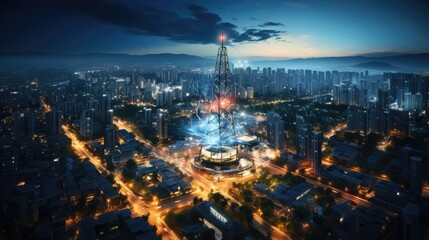 Fototapeta premium wireless and connection technology with skyscraper city background