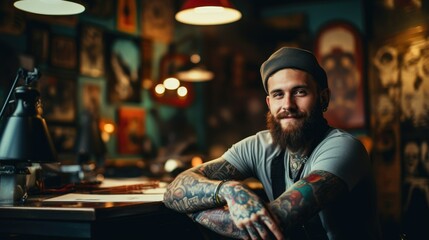 Young attractive male tattoo artist in a tattoo parlor. - obrazy, fototapety, plakaty
