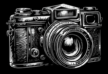 Vintage photo camera, pencil sketch, engraving, sketch. AI generative.