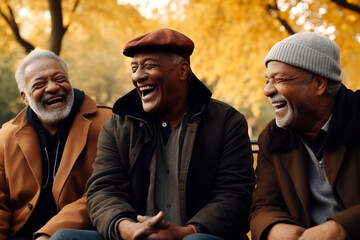 three senior black men laughing in the park on a bench in autumn