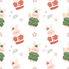 Seamless pattern with happy Christmas  bunny tree and rabbit Santa costume cute kawaii cartoon xmas celebration  for baby shower  wallpaper backdrop nursery book cover fabric  print 