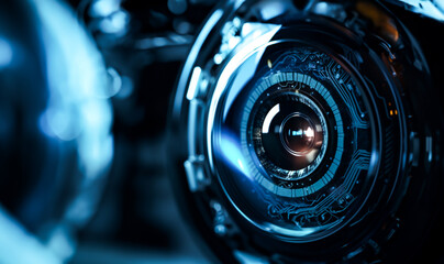 Technologies of the future. Blue camera eye with blurred background. Film projector lens - obrazy, fototapety, plakaty