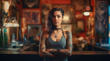 Young attractive female tattoo artist in a tattoo parlor.