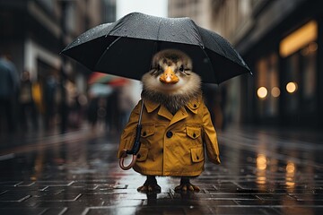 cute duckling with yellow rain coat and umbrella in a wet street - prepared for rainy weather - duck adventure - generative ai - obrazy, fototapety, plakaty