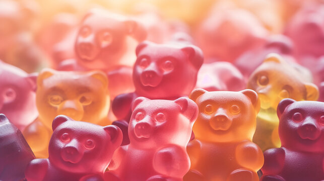 Bright and playful candy background, closeup of colorful gummy bears