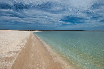 The 'Shell Beach', Shark Bay, Western Australia. A beach made up of millions of shells. North West Coastal Highway. Beautiful turquoise water in front of a beach made up of shells instead of sand. 