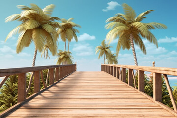 Wooden bridge, road, path leading to the sea against the blue sky. AI generated.