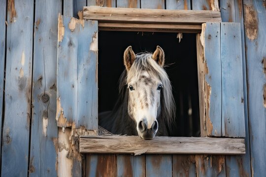 Curious Horse Peeking Through Stable Window - Tranquil Moment of Equine Observation - Rural Serenity - Generative AI
