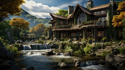 Obraz premium wooden villa in countryside waterfall background