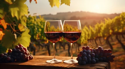 Photo sur Plexiglas Vignoble Glasses of red wine at sunset with vineyards in the background.