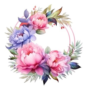 Watercolor bouquet round floral wedding frame on transparent background. Generative AI