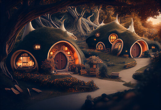 Dwelling, hobbit houses in a fairy forest. AI generated.