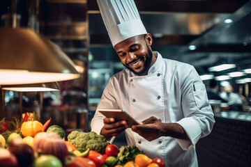 Portrait of young African-American male chef using mobile phone while standing in professional kitchen