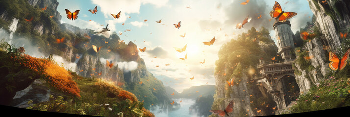 Flying butterflies, fairy tale banner generated by AI.