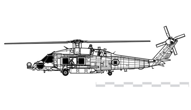 Sikorsky HH-60H Rescue Hawk. Vector drawing of search and rescue helicopter. Side view. Image for illustration and infographics.